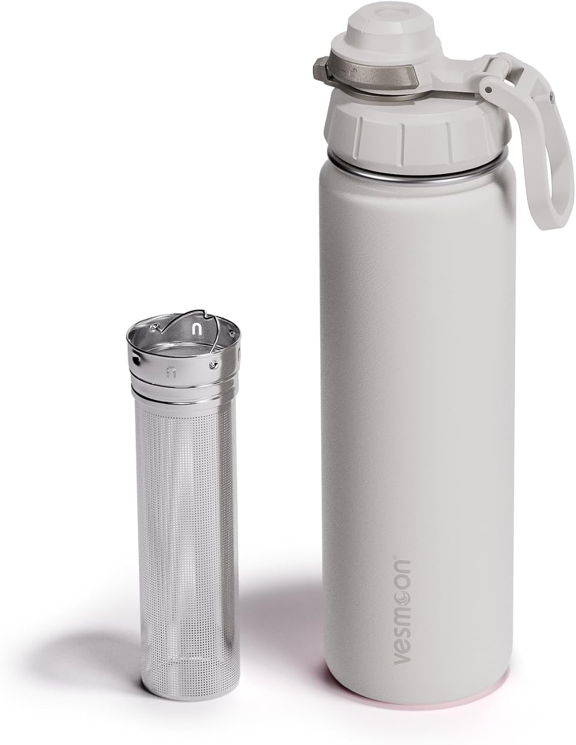 Vessence 24 Oz Stainless Steel Tea Infuser Bottle for Loose Leaf Tea, Water, Herbs, Fruits - Triple Layered Insulated, Leak Proof Bottle with Lid and Clip Handle - 24 Hours Hot/Cold