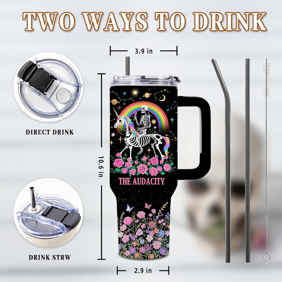 Funny Skull Tumbler 40oz, Insulated Funny Witchy Gifts for Women | Audacity Cup, Skeleton Unicorn Tumbler Leakproof, Gothic Skeleton Water Bottle, Aesthetic Gifts for Tarot Lovers, 1 Pack