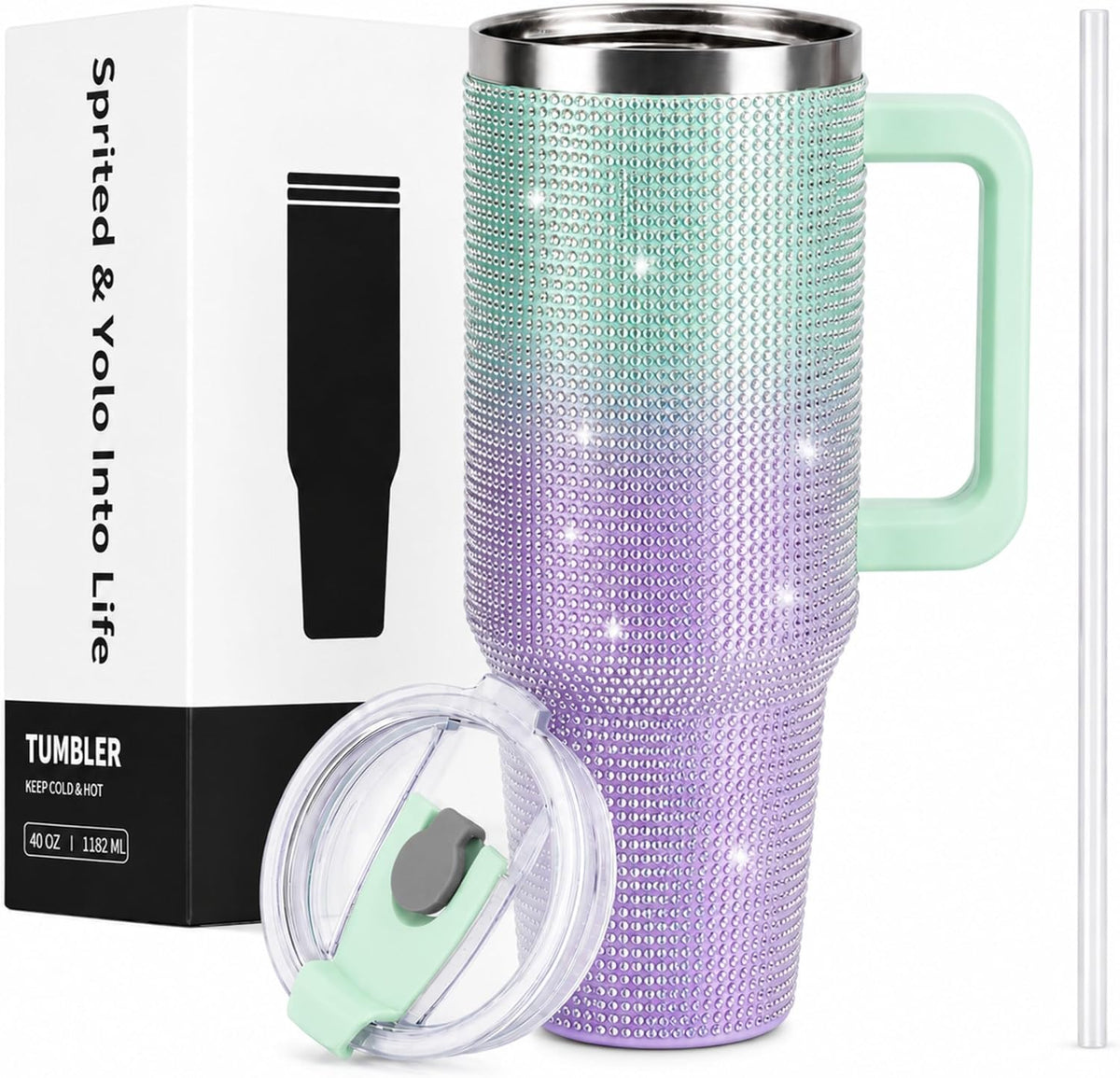 WATERSY 40oz Rhinestone Bling Tumbler, Stainless Steel Insulated Travel Mug with Lid and Straw, Sparkling Crystal Glitter Water Bottle, Personalized Cup Gift for Women Girls (Green & Purple)