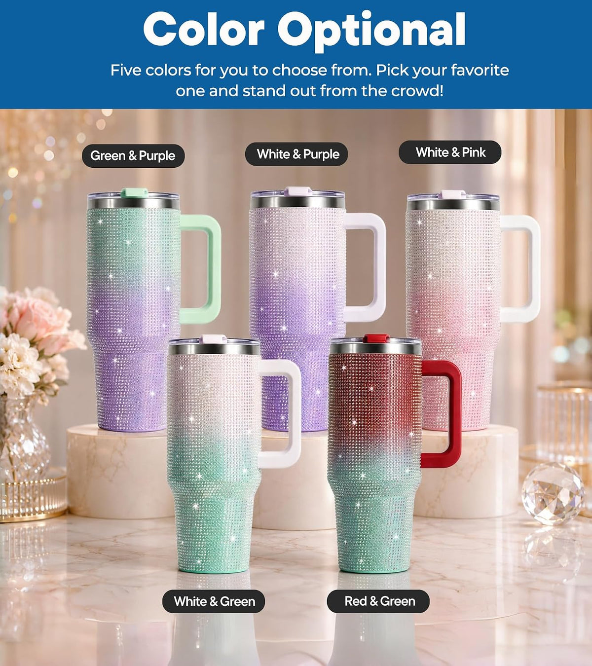 WATERSY 40oz Rhinestone Bling Tumbler, Stainless Steel Insulated Travel Mug with Lid and Straw, Sparkling Crystal Glitter Water Bottle, Personalized Cup Gift for Women Girls (Green & Purple)