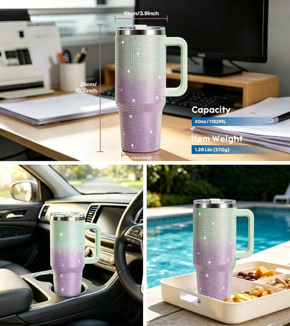 WATERSY 40oz Rhinestone Bling Tumbler, Stainless Steel Insulated Travel Mug with Lid and Straw, Sparkling Crystal Glitter Water Bottle, Personalized Cup Gift for Women Girls (Green & Purple)