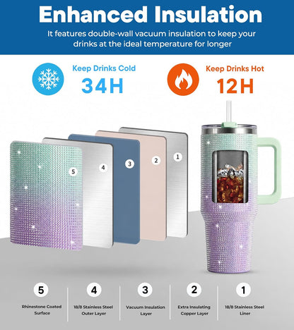 WATERSY 40oz Rhinestone Bling Tumbler, Stainless Steel Insulated Travel Mug with Lid and Straw, Sparkling Crystal Glitter Water Bottle, Personalized Cup Gift for Women Girls (Green & Purple)