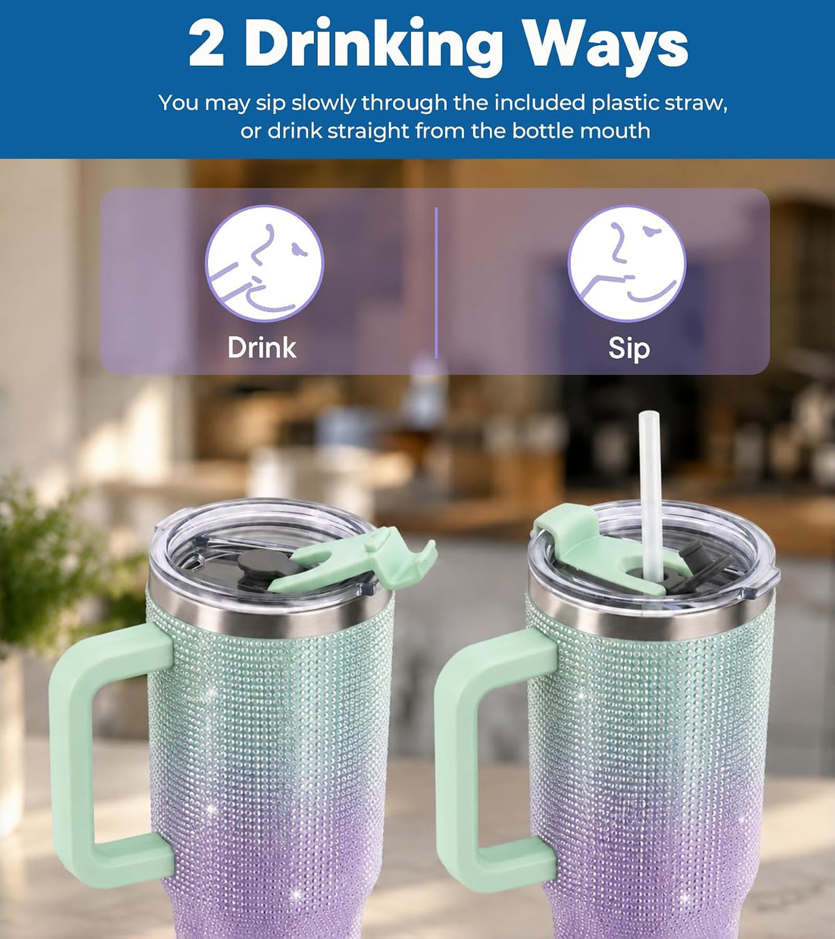 WATERSY 40oz Rhinestone Bling Tumbler, Stainless Steel Insulated Travel Mug with Lid and Straw, Sparkling Crystal Glitter Water Bottle, Personalized Cup Gift for Women Girls (Green & Purple)
