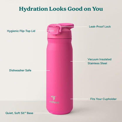 24 oz Hydrate Pro Stainless Steel Insulated Water Bottle - Flip Top Leak-Proof Lid, Dishwasher Safe, BPA-Free, Dual Wall Vacuum, Keeps Drinks Cold for 48 Hrs, Cup Holder Friendly - Dragonfruit