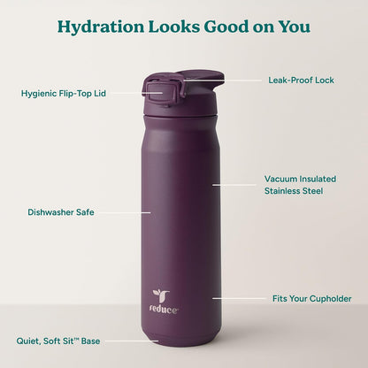 24 oz Hydrate Pro Stainless Steel Insulated Water Bottle - Flip Top Leak-Proof Lid, Dishwasher Safe, BPA-Free, Dual Wall Vacuum, Keeps Drinks Cold for 48 Hrs, Cup Holder Friendly - Dragonfruit