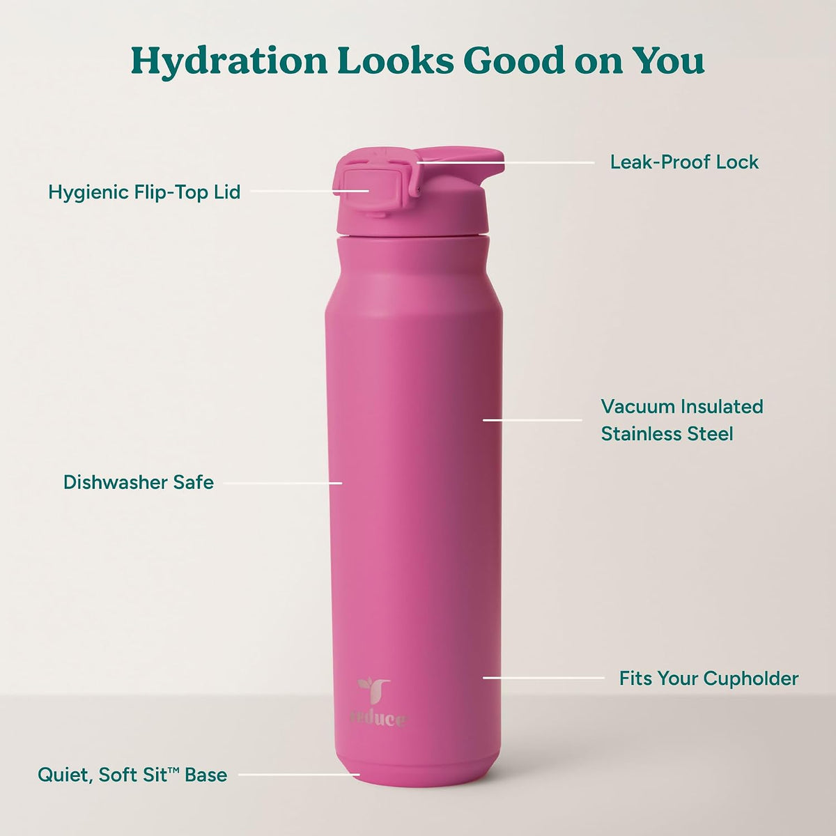 24 oz Hydrate Pro Stainless Steel Insulated Water Bottle - Flip Top Leak-Proof Lid, Dishwasher Safe, BPA-Free, Dual Wall Vacuum, Keeps Drinks Cold for 48 Hrs, Cup Holder Friendly - Dragonfruit