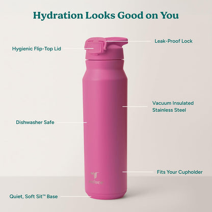 24 oz Hydrate Pro Stainless Steel Insulated Water Bottle - Flip Top Leak-Proof Lid, Dishwasher Safe, BPA-Free, Dual Wall Vacuum, Keeps Drinks Cold for 48 Hrs, Cup Holder Friendly - Dragonfruit