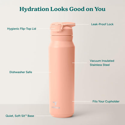 24 oz Hydrate Pro Stainless Steel Insulated Water Bottle - Flip Top Leak-Proof Lid, Dishwasher Safe, BPA-Free, Dual Wall Vacuum, Keeps Drinks Cold for 48 Hrs, Cup Holder Friendly - Dragonfruit