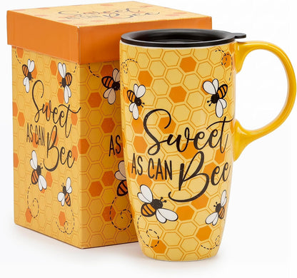Porcelain Ceramic Travel Mug with Gift Box – 17oz Coffee Cup with Lid and Handle, Microwave & Dishwasher Safe, for Home Office Daily Commute，Sailboat