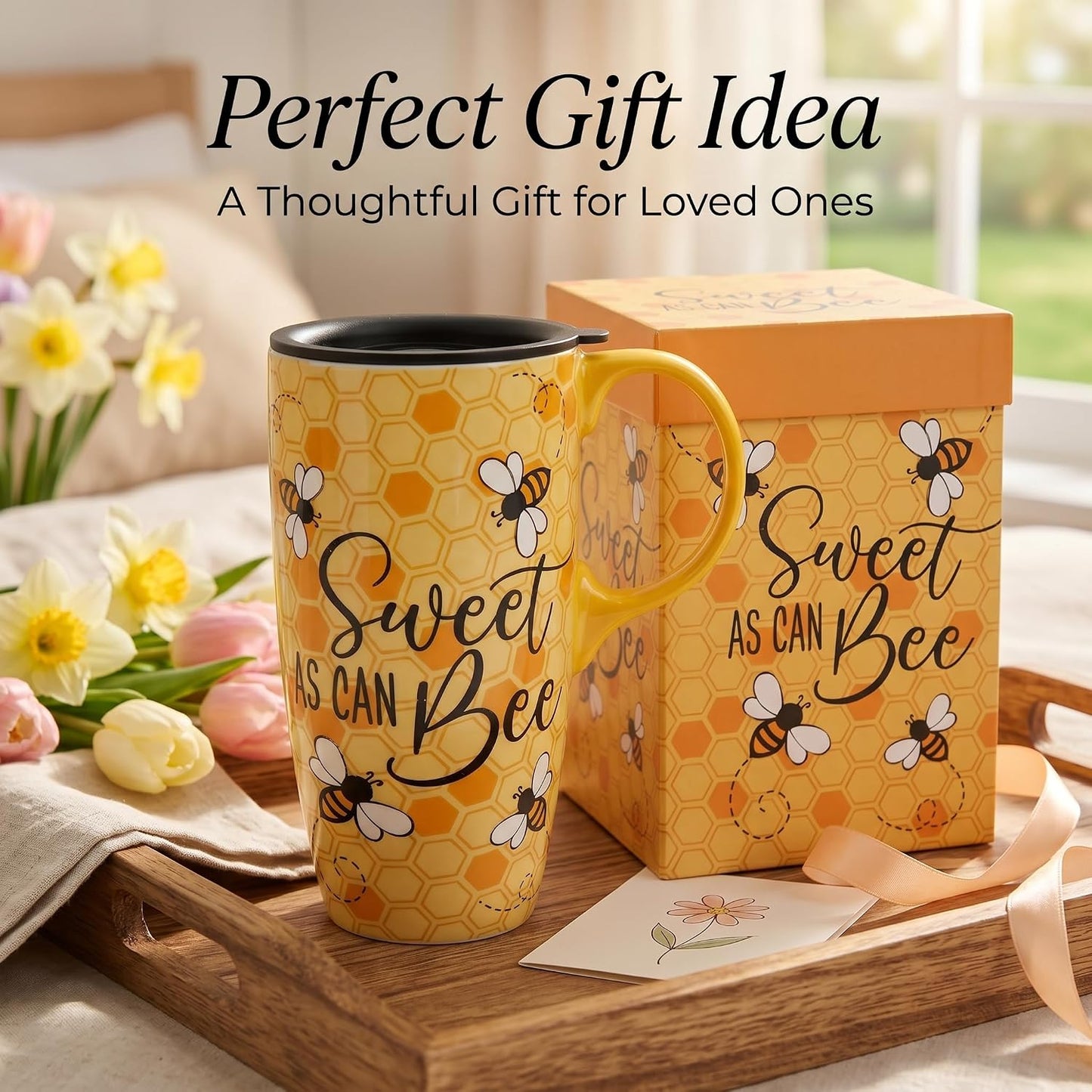 Porcelain Ceramic Travel Mug with Gift Box – 17oz Coffee Cup with Lid and Handle, Microwave & Dishwasher Safe, for Home Office Daily Commute，Sailboat