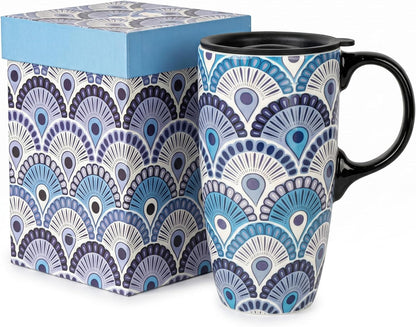 Porcelain Ceramic Travel Mug with Gift Box – 17oz Coffee Cup with Lid and Handle, Microwave & Dishwasher Safe, for Home Office Daily Commute，Sailboat