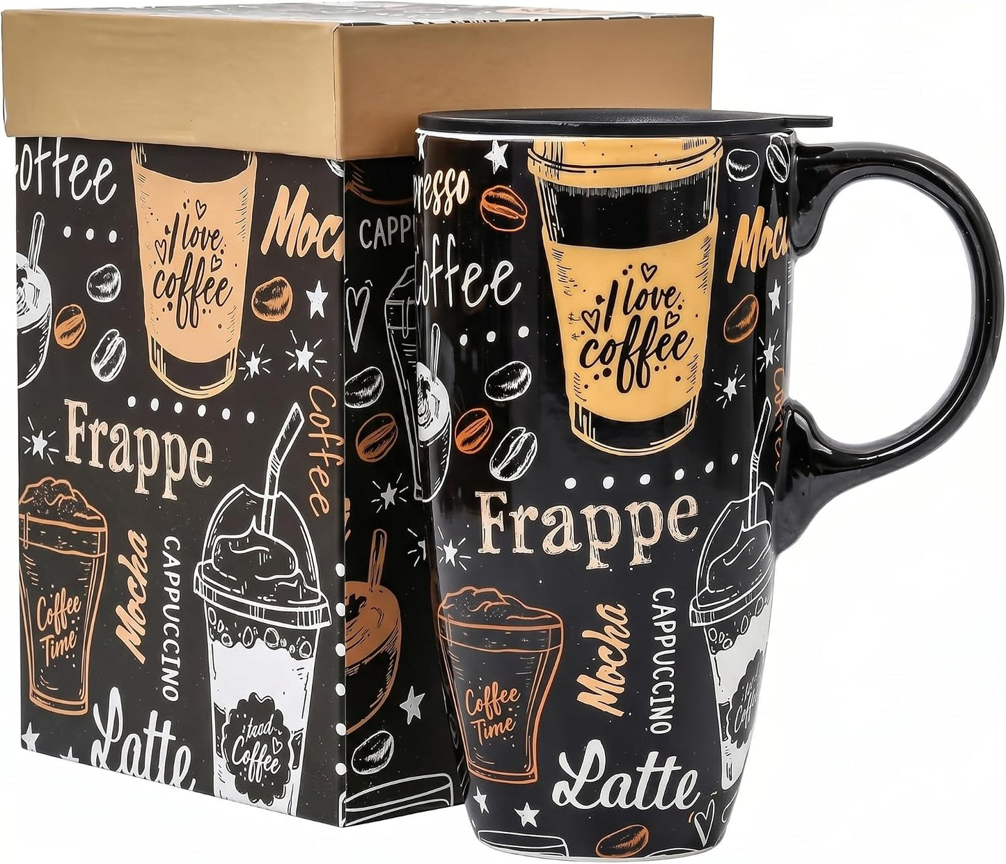 Porcelain Ceramic Travel Mug with Gift Box – 17oz Coffee Cup with Lid and Handle, Microwave & Dishwasher Safe, for Home Office Daily Commute，Sailboat