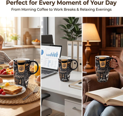 Porcelain Ceramic Travel Mug with Gift Box – 17oz Coffee Cup with Lid and Handle, Microwave & Dishwasher Safe, for Home Office Daily Commute，Sailboat