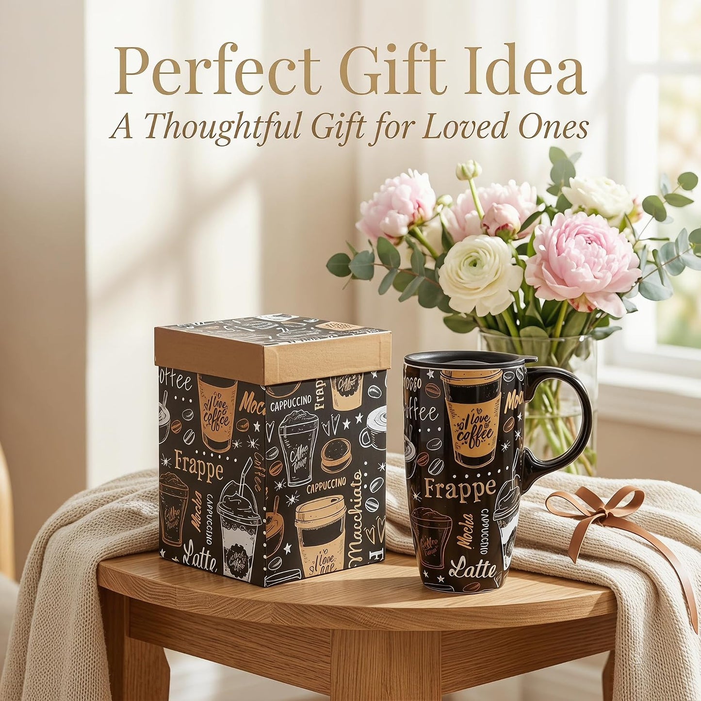 Porcelain Ceramic Travel Mug with Gift Box – 17oz Coffee Cup with Lid and Handle, Microwave & Dishwasher Safe, for Home Office Daily Commute，Sailboat