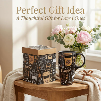 Porcelain Ceramic Travel Mug with Gift Box – 17oz Coffee Cup with Lid and Handle, Microwave & Dishwasher Safe, for Home Office Daily Commute，Sailboat