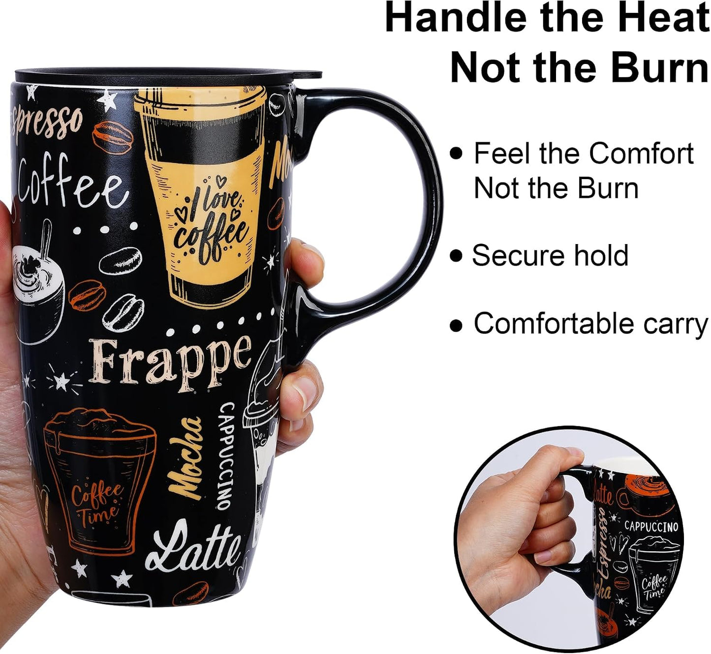 Porcelain Ceramic Travel Mug with Gift Box – 17oz Coffee Cup with Lid and Handle, Microwave & Dishwasher Safe, for Home Office Daily Commute，Sailboat