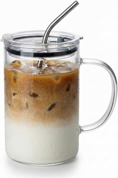 32 oz glass tumbler, glass tumbler with handle - Leak-Proof Lid, Reusable Straw, Wide Mouth, Heat Resistant - Perfect Daily Office Desk Companion for Women and Moms