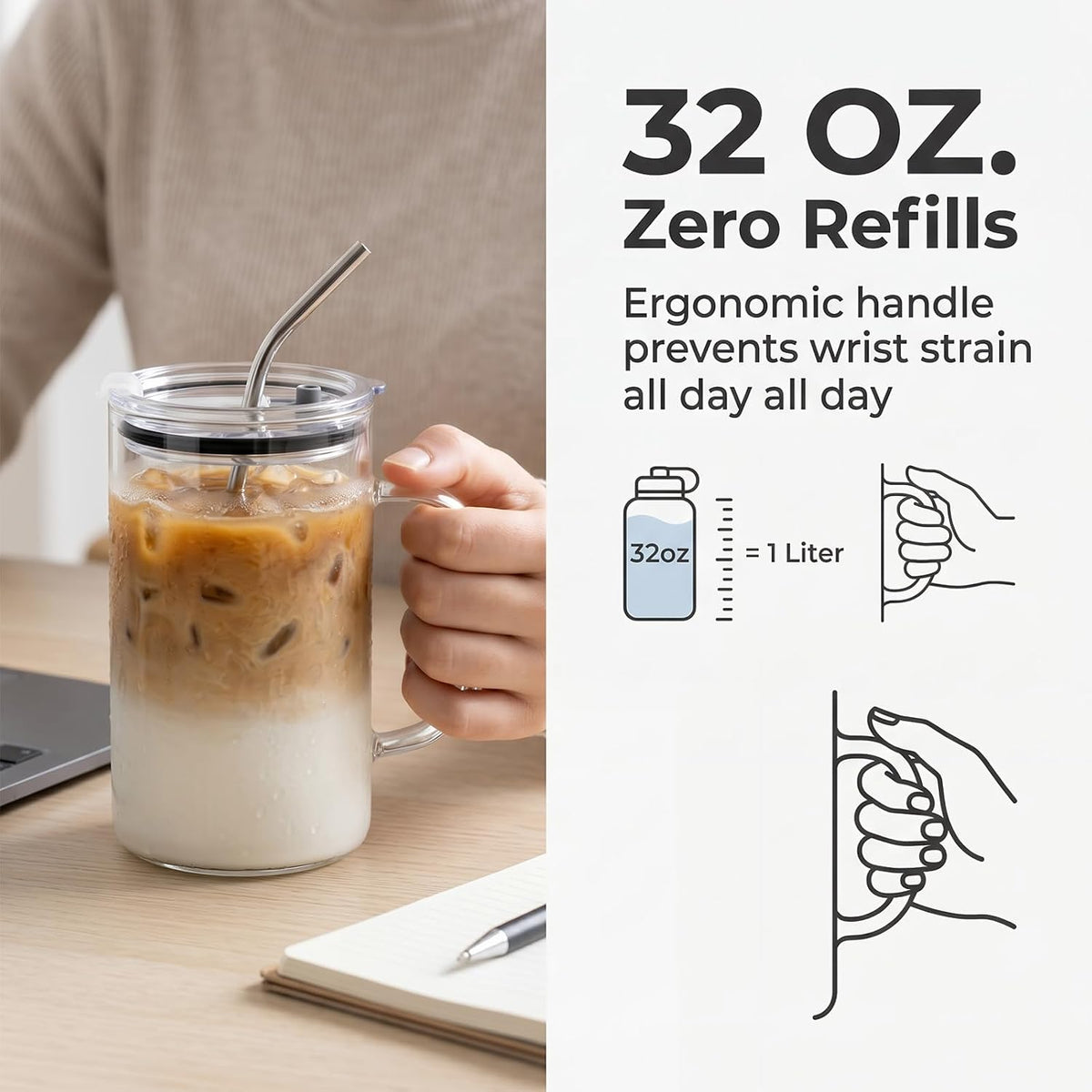 32 oz glass tumbler, glass tumbler with handle - Leak-Proof Lid, Reusable Straw, Wide Mouth, Heat Resistant - Perfect Daily Office Desk Companion for Women and Moms