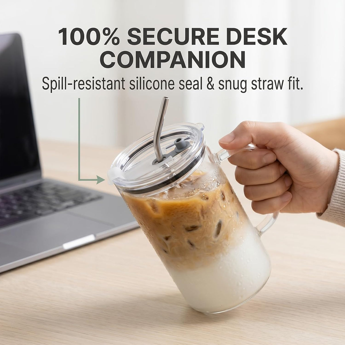 32 oz glass tumbler, glass tumbler with handle - Leak-Proof Lid, Reusable Straw, Wide Mouth, Heat Resistant - Perfect Daily Office Desk Companion for Women and Moms