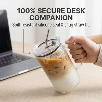 32 oz glass tumbler, glass tumbler with handle - Leak-Proof Lid, Reusable Straw, Wide Mouth, Heat Resistant - Perfect Daily Office Desk Companion for Women and Moms