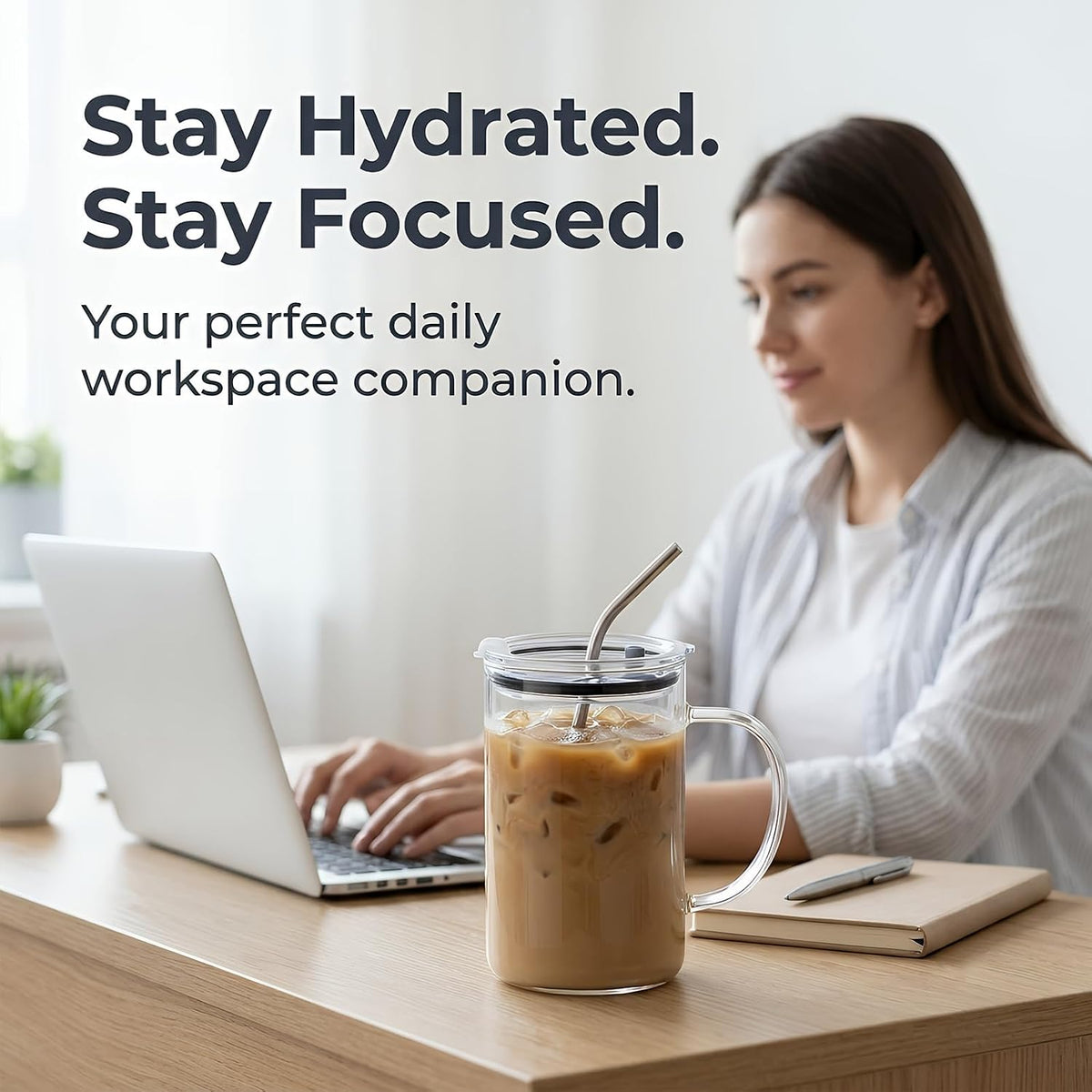 32 oz glass tumbler, glass tumbler with handle - Leak-Proof Lid, Reusable Straw, Wide Mouth, Heat Resistant - Perfect Daily Office Desk Companion for Women and Moms