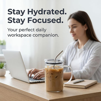 32 oz glass tumbler, glass tumbler with handle - Leak-Proof Lid, Reusable Straw, Wide Mouth, Heat Resistant - Perfect Daily Office Desk Companion for Women and Moms