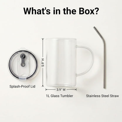 32 oz glass tumbler, glass tumbler with handle - Leak-Proof Lid, Reusable Straw, Wide Mouth, Heat Resistant - Perfect Daily Office Desk Companion for Women and Moms