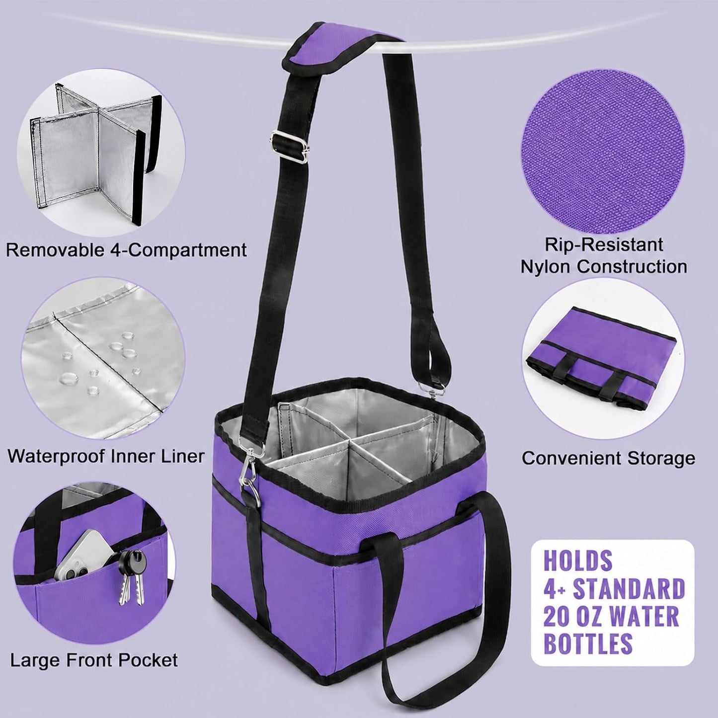 4 Water Bottle Holder with Strap - Multiple Tumbler Insulated Drink Carrier Tote Bag, Reusable Drink Family Size Caddy for Car, Delivery, Adjustable Dividers - 2 in 1 Car Seat Hook Set