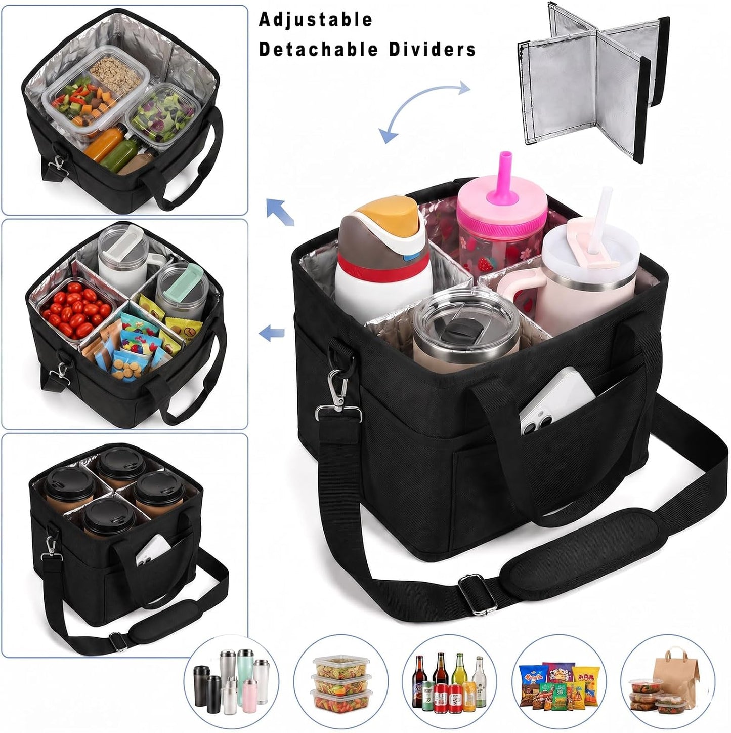 4 Water Bottle Holder with Strap - Multiple Tumbler Insulated Drink Carrier Tote Bag, Reusable Drink Family Size Caddy for Car, Delivery, Adjustable Dividers - 2 in 1 Car Seat Hook Set
