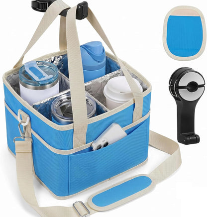 4 Water Bottle Holder with Strap - Multiple Tumbler Insulated Drink Carrier Tote Bag, Reusable Drink Family Size Caddy for Car, Delivery, Adjustable Dividers - 2 in 1 Car Seat Hook Set