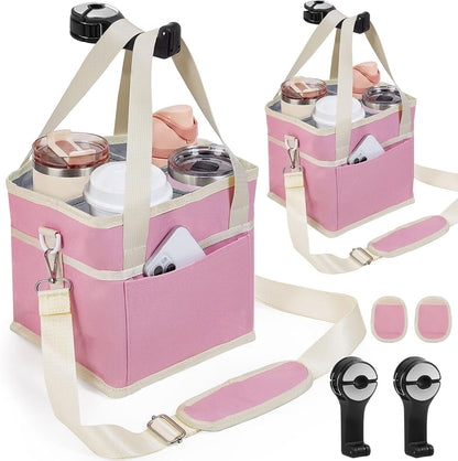 4 Water Bottle Holder with Strap - Multiple Tumbler Insulated Drink Carrier Tote Bag, Reusable Drink Family Size Caddy for Car, Delivery, Adjustable Dividers - 2 in 1 Car Seat Hook Set