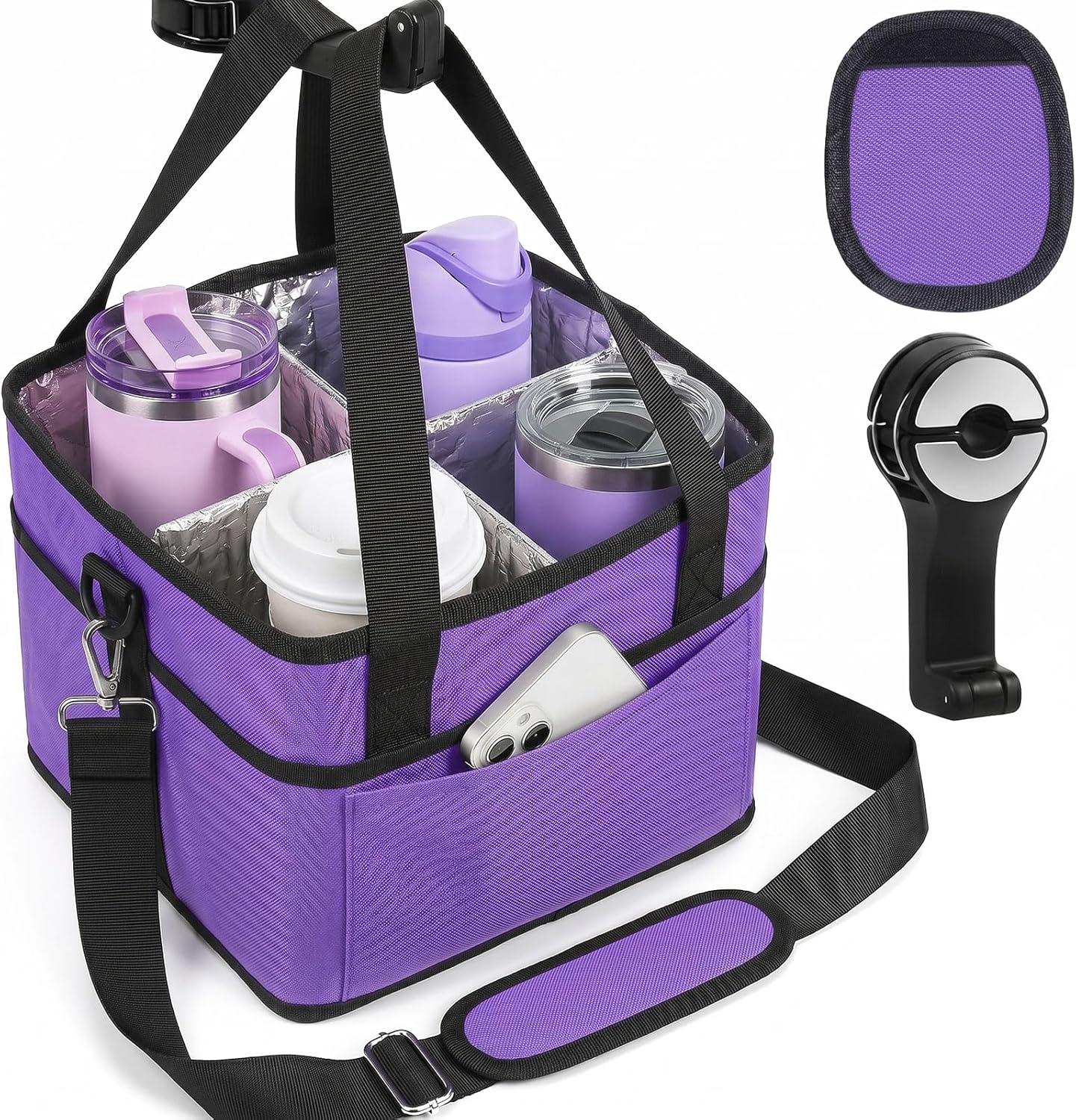 4 Water Bottle Holder with Strap - Multiple Tumbler Insulated Drink Carrier Tote Bag, Reusable Drink Family Size Caddy for Car, Delivery, Adjustable Dividers - 2 in 1 Car Seat Hook Set