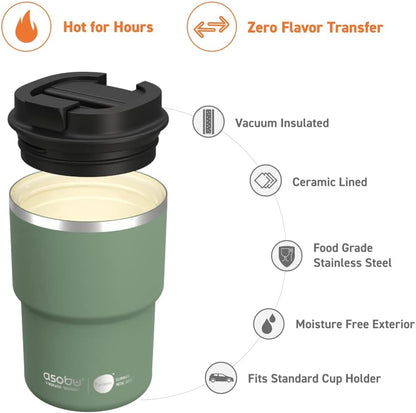 Ultimate Ceramic Travel Mug, 12oz Insulated Stainless Steel Coffee Cup with Handle & Splash-Resistant Lid, Ceramic Lined for Pure Taste, BPA-Free, Double-Wall Vacuum for Hot Drinks