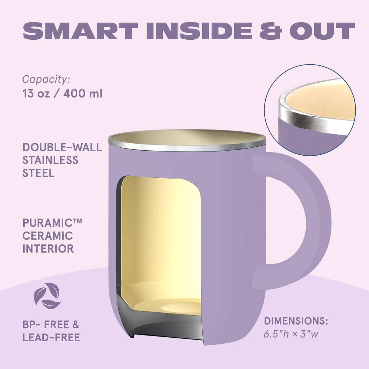 Ultimate Ceramic Travel Mug, 12oz Insulated Stainless Steel Coffee Cup with Handle & Splash-Resistant Lid, Ceramic Lined for Pure Taste, BPA-Free, Double-Wall Vacuum for Hot Drinks