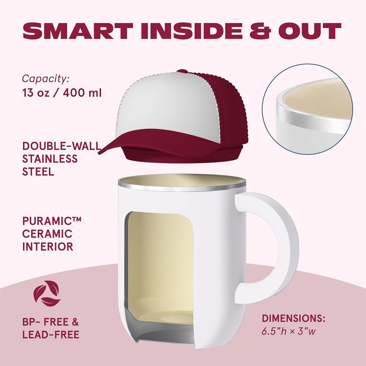 Ultimate Ceramic Travel Mug, 12oz Insulated Stainless Steel Coffee Cup with Handle & Splash-Resistant Lid, Ceramic Lined for Pure Taste, BPA-Free, Double-Wall Vacuum for Hot Drinks
