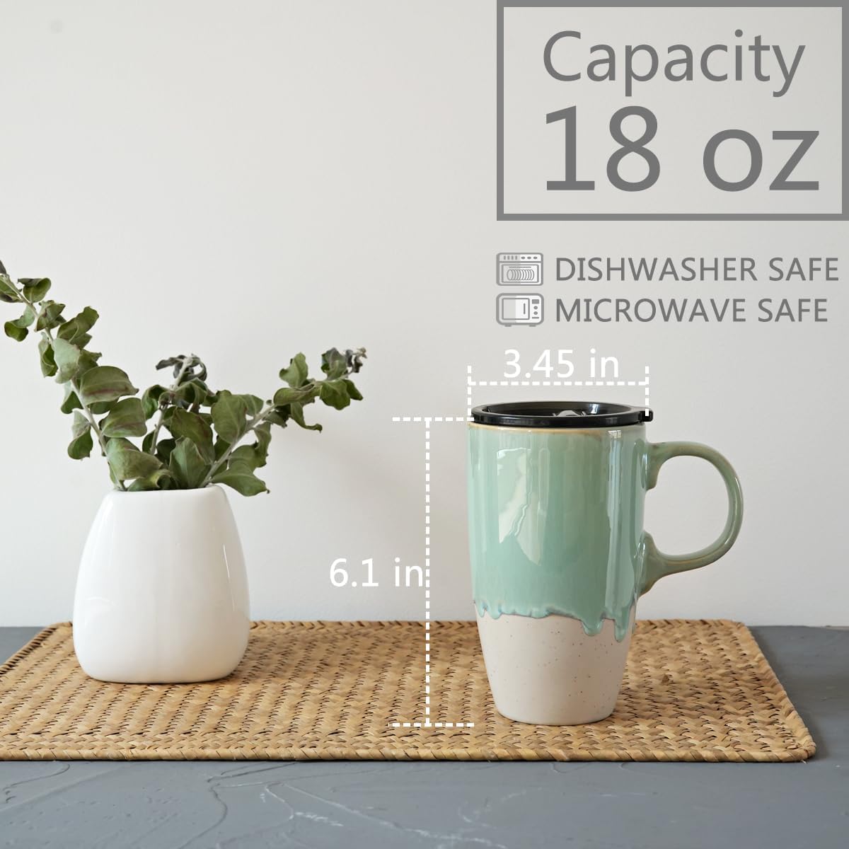 Ceramic Travel Coffee Mug with Handle and Lid, 18 oz, Portable Coffee Cup for Car Cup Holder, Microwave and Dishwasher Safe, Reactive Glaze (Brown)