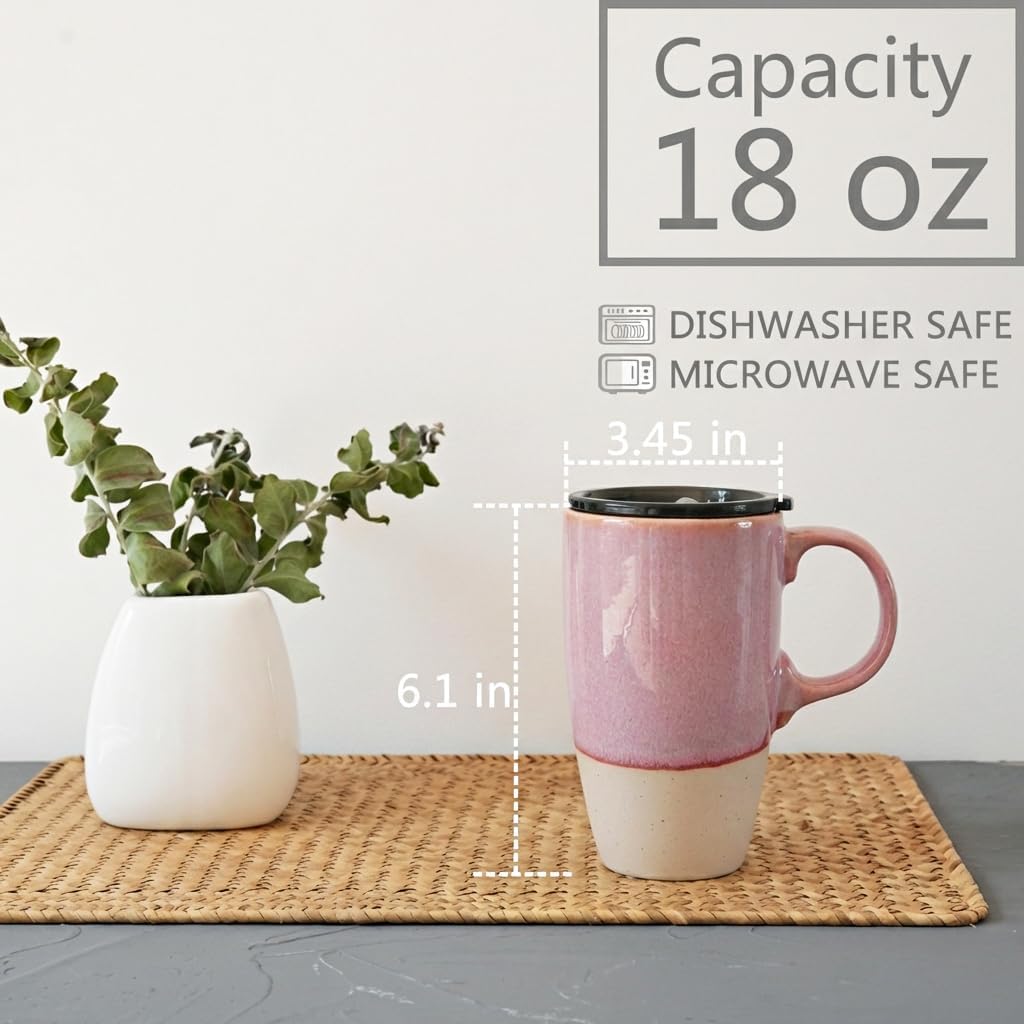 Ceramic Travel Coffee Mug with Handle and Lid, 18 oz, Portable Coffee Cup for Car Cup Holder, Microwave and Dishwasher Safe, Reactive Glaze (Brown)