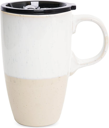Ceramic Travel Coffee Mug with Handle and Lid, 18 oz, Portable Coffee Cup for Car Cup Holder, Microwave and Dishwasher Safe, Reactive Glaze (Brown)