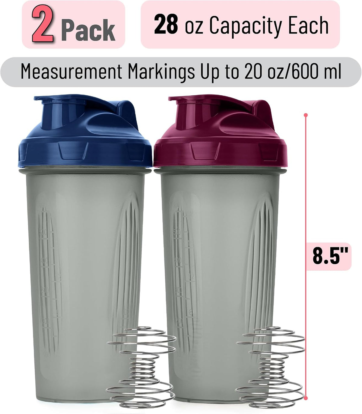 Protein Shaker Bottles, 2 Pack, 28 oz