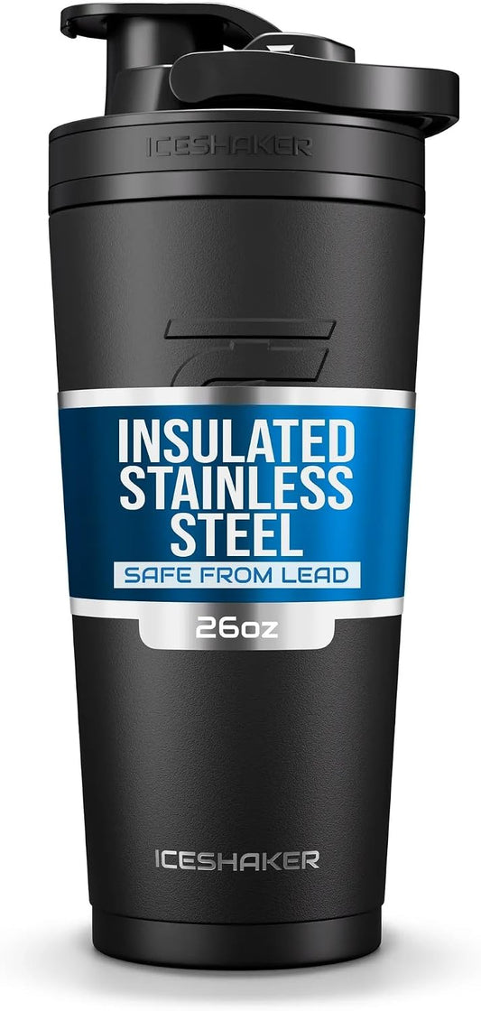 Insulated Stainless Steel Shaker Bottle | 26oz, Black | Cold for 30+ Hours | Insulated Cup with Twist-on Agitator | Odor-Free Bottle for Protein Shakes, Water, Smoothies, Cocktails