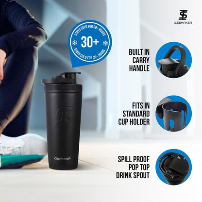 Insulated Stainless Steel Shaker Bottle | 26oz, Black | Cold for 30+ Hours | Insulated Cup with Twist-on Agitator | Odor-Free Bottle for Protein Shakes, Water, Smoothies, Cocktails