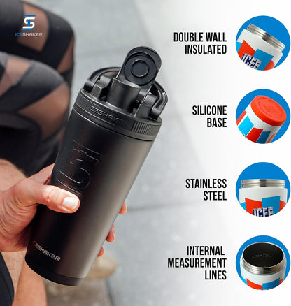 Insulated Stainless Steel Shaker Bottle | 26oz, Black | Cold for 30+ Hours | Insulated Cup with Twist-on Agitator | Odor-Free Bottle for Protein Shakes, Water, Smoothies, Cocktails