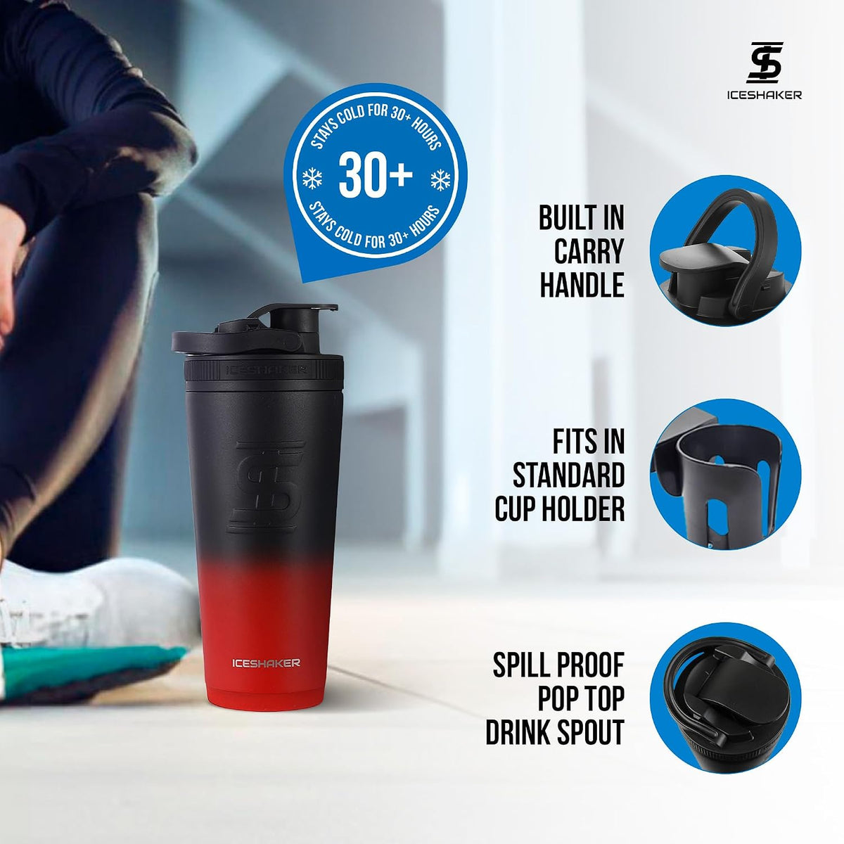 Insulated Stainless Steel Shaker Bottle | 26oz, Black | Cold for 30+ Hours | Insulated Cup with Twist-on Agitator | Odor-Free Bottle for Protein Shakes, Water, Smoothies, Cocktails