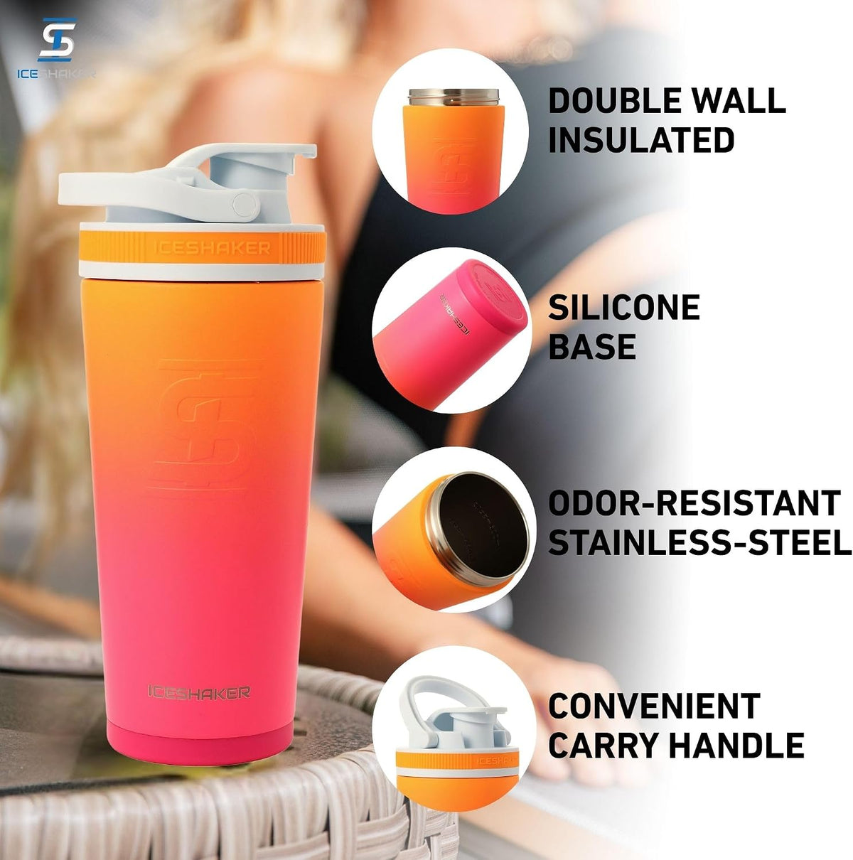 Insulated Stainless Steel Shaker Bottle | 26oz, Black | Cold for 30+ Hours | Insulated Cup with Twist-on Agitator | Odor-Free Bottle for Protein Shakes, Water, Smoothies, Cocktails