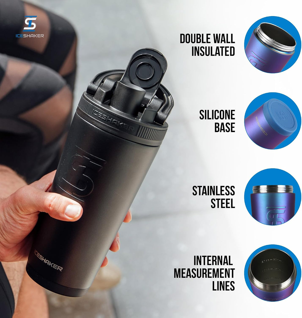 Insulated Stainless Steel Shaker Bottle | 26oz, Black | Cold for 30+ Hours | Insulated Cup with Twist-on Agitator | Odor-Free Bottle for Protein Shakes, Water, Smoothies, Cocktails