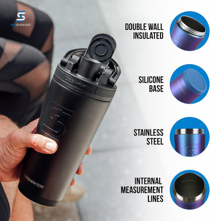 Insulated Stainless Steel Shaker Bottle | 26oz, Black | Cold for 30+ Hours | Insulated Cup with Twist-on Agitator | Odor-Free Bottle for Protein Shakes, Water, Smoothies, Cocktails