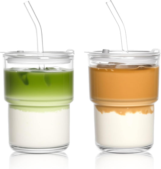 15oz Iced Coffee Cups with Lids Reusable, Glass Matcha Cups,Glass Cups with Lids and Straws,Clear Glass Coffee Tumbler for Drinking Water,Tea,Juice