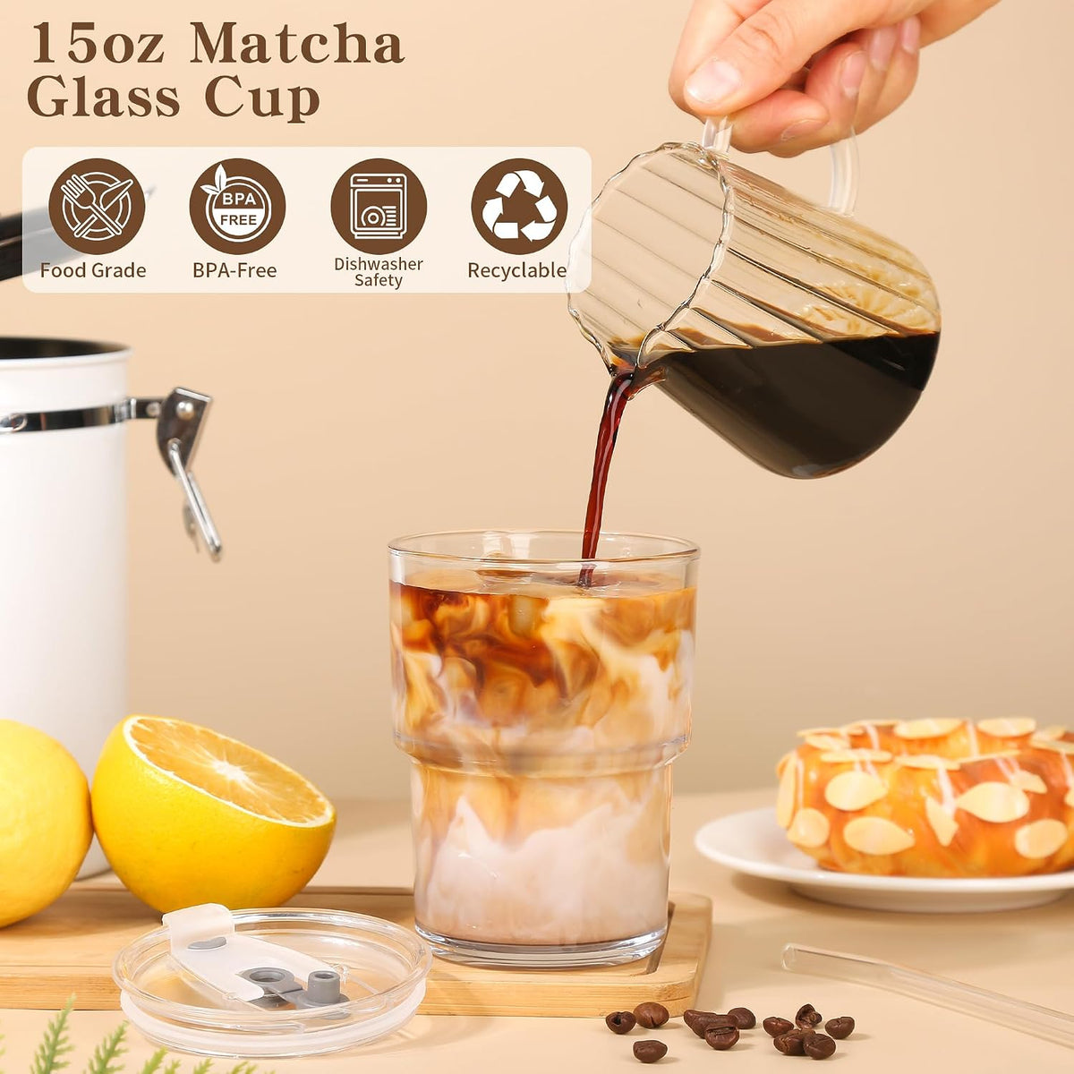 15oz Iced Coffee Cups with Lids Reusable, Glass Matcha Cups,Glass Cups with Lids and Straws,Clear Glass Coffee Tumbler for Drinking Water,Tea,Juice