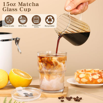 15oz Iced Coffee Cups with Lids Reusable, Glass Matcha Cups,Glass Cups with Lids and Straws,Clear Glass Coffee Tumbler for Drinking Water,Tea,Juice