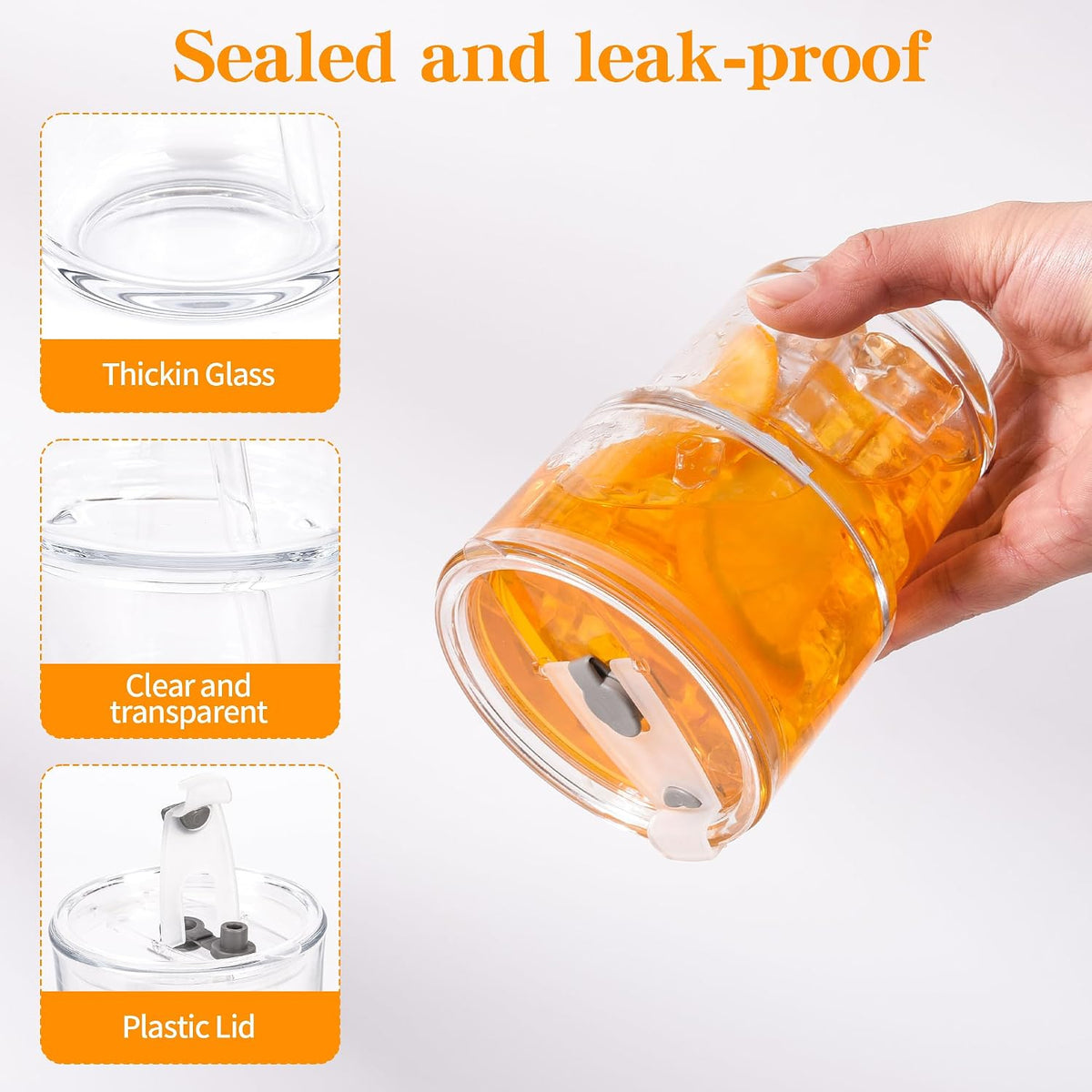 15oz Iced Coffee Cups with Lids Reusable, Glass Matcha Cups,Glass Cups with Lids and Straws,Clear Glass Coffee Tumbler for Drinking Water,Tea,Juice